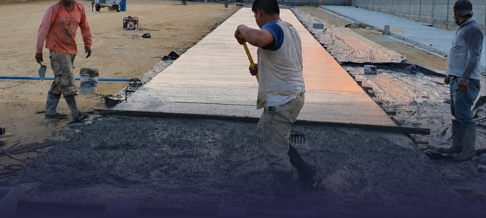 Shark crew finishing a concrete slab at dusk